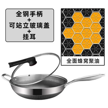 Thickened stainless steel frying pan full screen honeycomb electromagnetic gas stove universal frying pan less oil smoke composite bottom non-stick frying pan