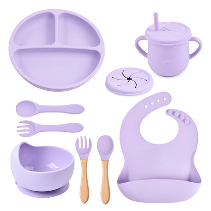 Baby food tray with compartments, baby suction cup, food-grade silicone bowl, tableware set, children's complementary food silicone tray