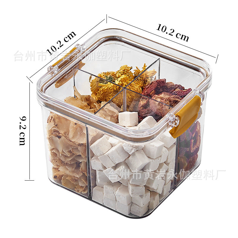 Square flower tea packaging box, 460ml, four-compartment plastic airtight container, food-grade storage box.