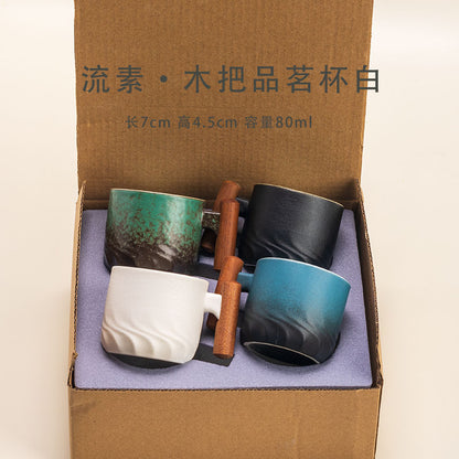 Wooden-handled coffee mug/tea tasting cup, gradient glaze exquisite ceramic small cup gift set wholesale.