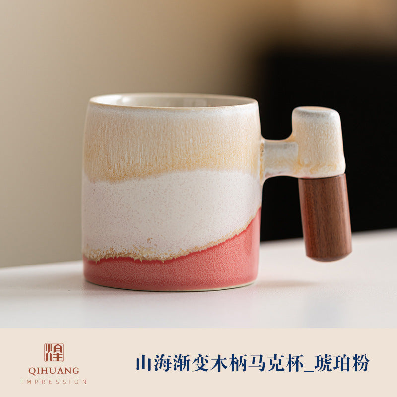 Wooden-handled coffee mug/tea tasting cup, gradient glaze exquisite ceramic small cup gift set wholesale.