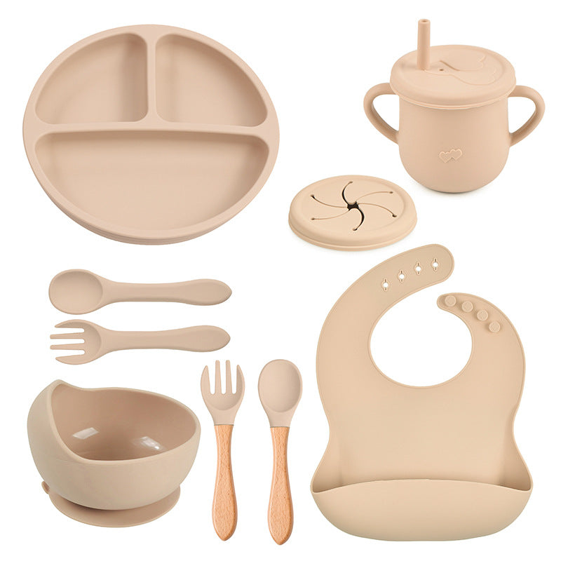 Baby food tray with compartments, baby suction cup, food-grade silicone bowl, tableware set, children's complementary food silicone tray