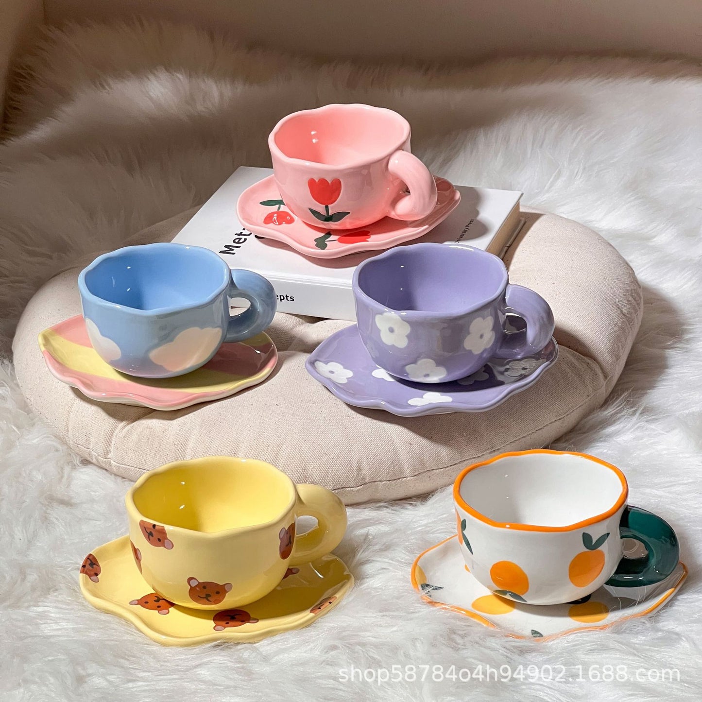 Creative hand-kneaded high temperature resistant ceramic cup ins Korean style small fresh mug breakfast cup milk cup coffee cup saucer