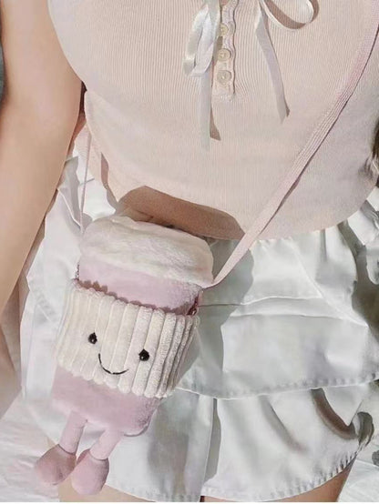 2024 New British Coffee & Milk Tea Bag Crossbody Women's Bag Plush Bag Instagram-worthy Portable Toy Cup Sleeve Bag