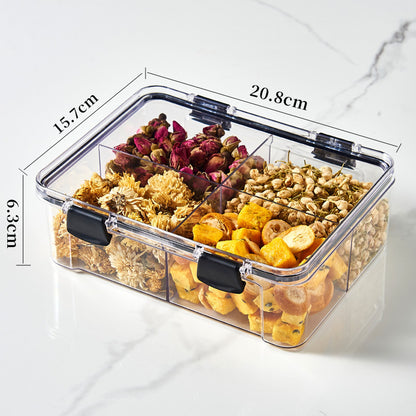 Square flower tea packaging box, 460ml, four-compartment plastic airtight container, food-grade storage box.