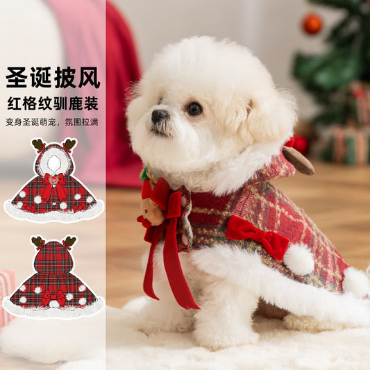 Autumn/Winter Dog Clothes: Plaid Christmas Leash, Cape, Hooded Fleece Sweater, Warm Pet Clothing for Bichon Frises and Teddy Bears