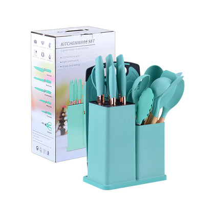 Wooden handle silicone kitchen utensils set 19-piece knife set combination storage bucket kitchen knife cooking tools non-stick