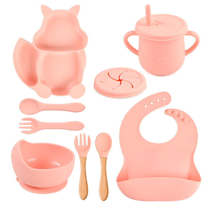 9-piece children's squirrel-shaped silicone tableware set, baby silicone food supplement set, children's silicone dinner plate