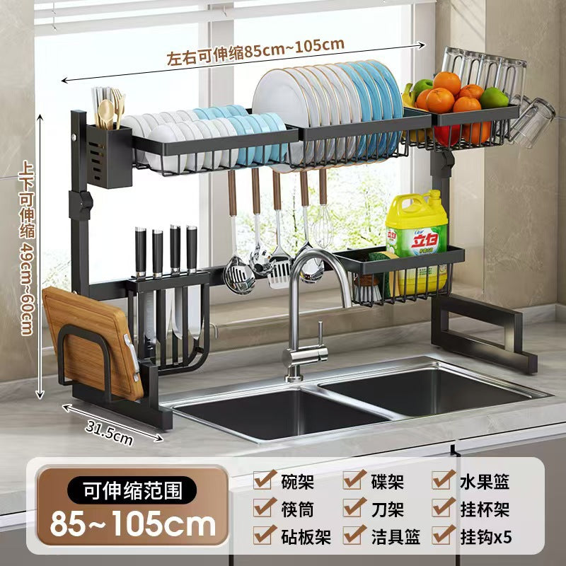 Cross-border same style telescopic kitchen sink black storage rack stainless steel drain rack knife rack dish washing storage rack