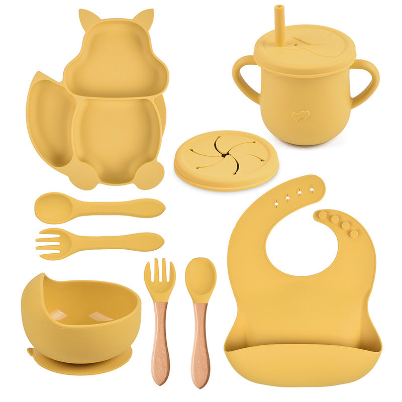 9-piece children's squirrel-shaped silicone tableware set, baby silicone food supplement set, children's silicone dinner plate