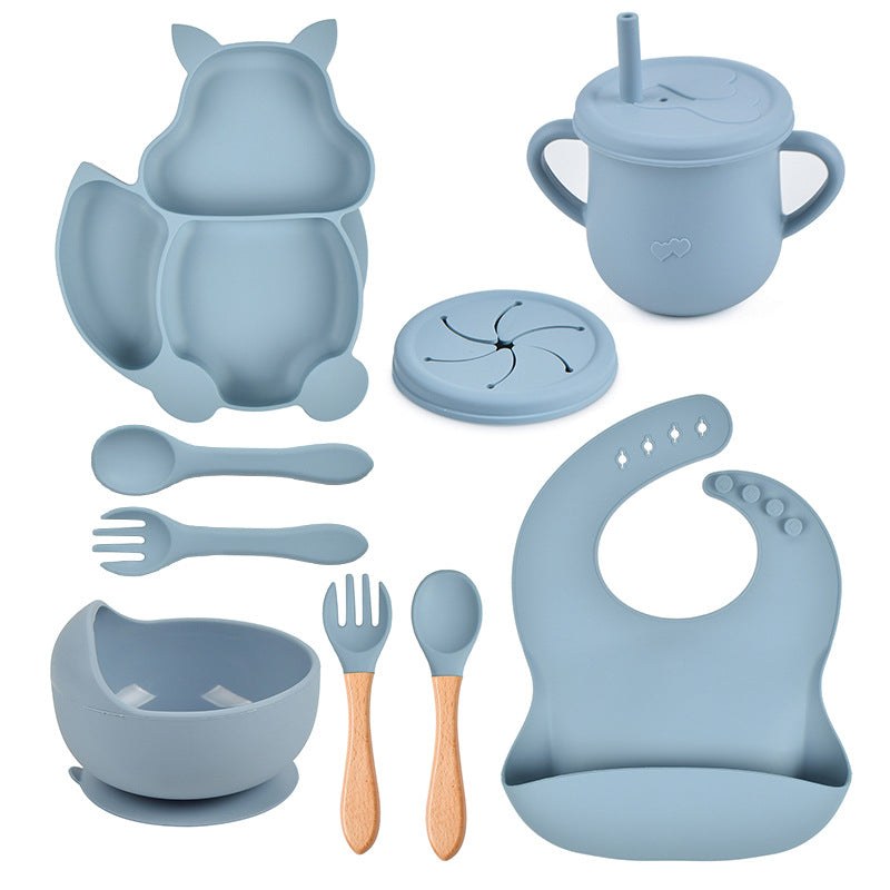 9-piece children's squirrel-shaped silicone tableware set, baby silicone food supplement set, children's silicone dinner plate