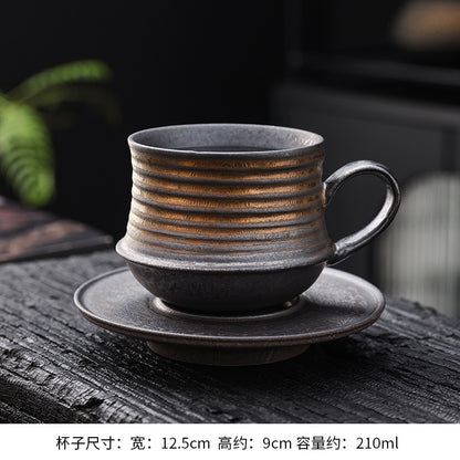 Cross-border retro coarse ceramic coffee cup and saucer set, American style personalized hand-pulled flower mug, household tea cup wholesale.