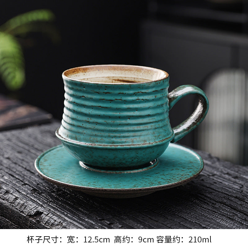 Cross-border retro coarse ceramic coffee cup and saucer set, American style personalized hand-pulled flower mug, household tea cup wholesale.