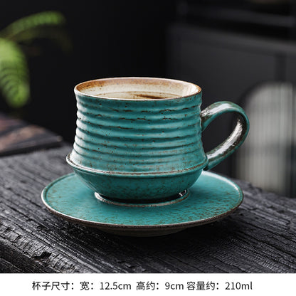 Cross-border retro coarse ceramic coffee cup and saucer set, American style personalized hand-pulled flower mug, household tea cup wholesale.