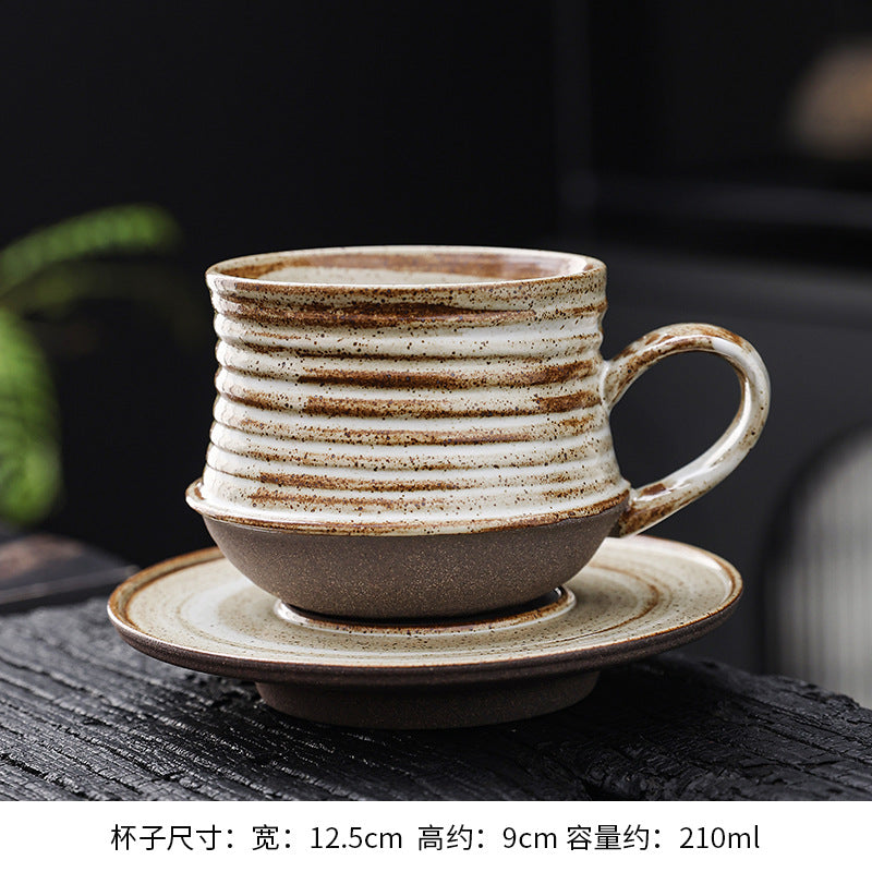 Cross-border retro coarse ceramic coffee cup and saucer set, American style personalized hand-pulled flower mug, household tea cup wholesale.