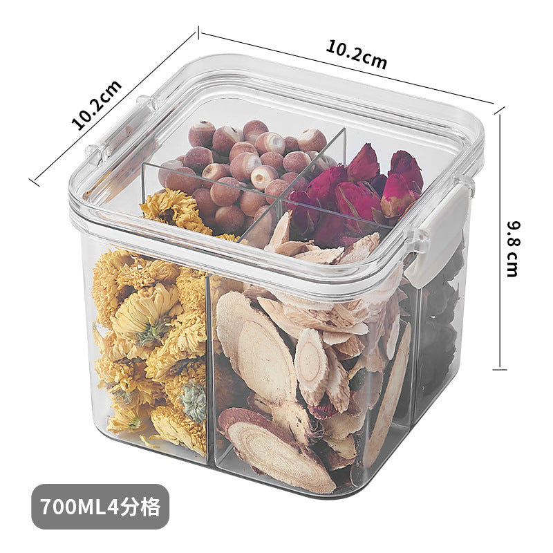 Square flower tea packaging box, 460ml, four-compartment plastic airtight container, food-grade storage box.