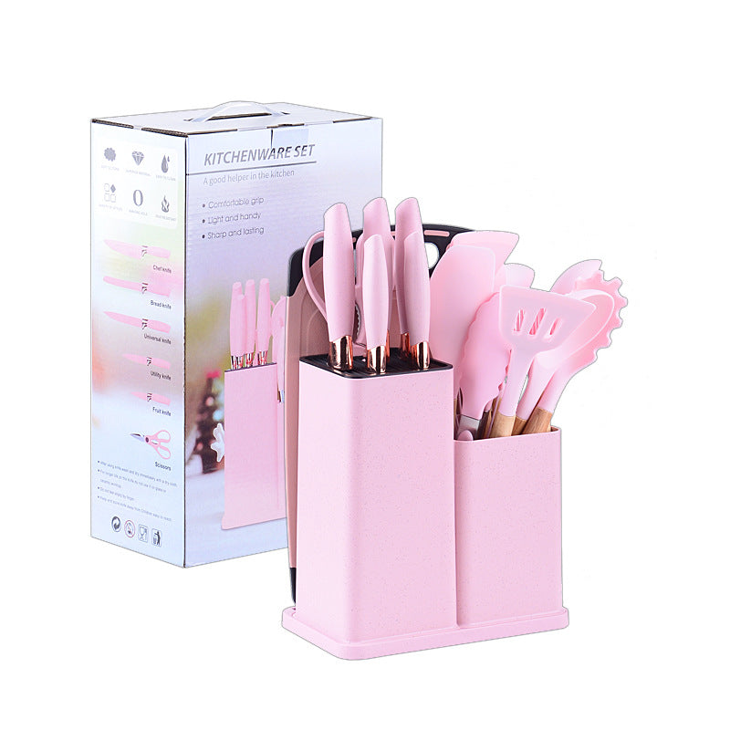 Wooden handle silicone kitchen utensils set 19-piece knife set combination storage bucket kitchen knife cooking tools non-stick