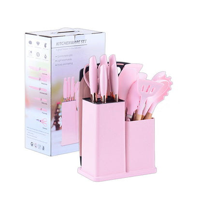 Wooden handle silicone kitchen utensils set 19-piece knife set combination storage bucket kitchen knife cooking tools non-stick