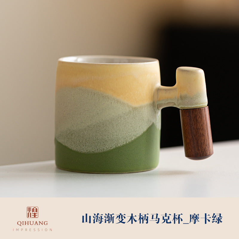 Wooden-handled coffee mug/tea tasting cup, gradient glaze exquisite ceramic small cup gift set wholesale.