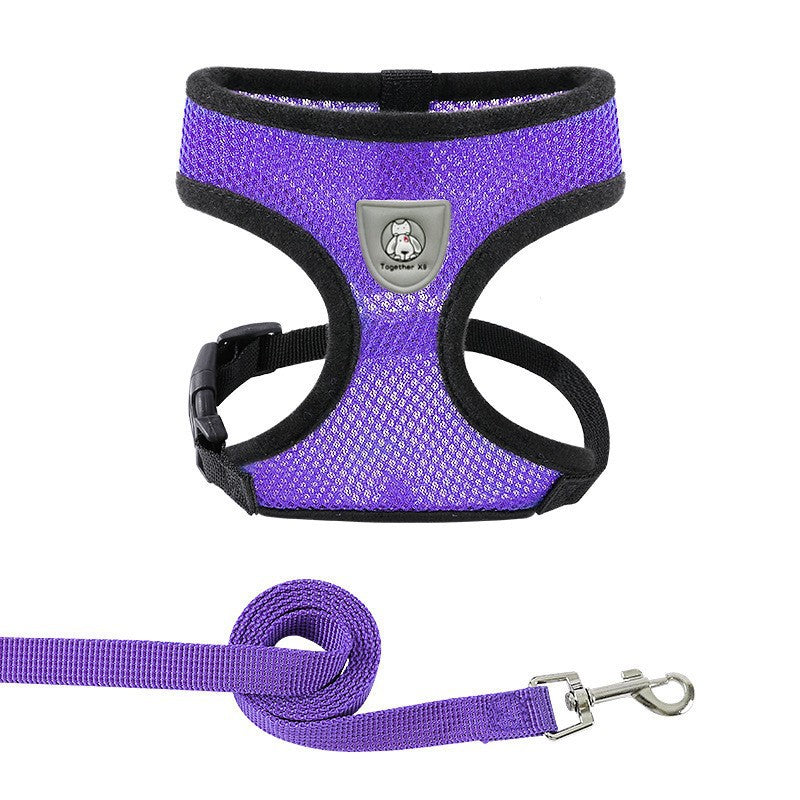 New vest-style pet leash nylon mesh dog harness set, reflective for dogs, available for wholesale.