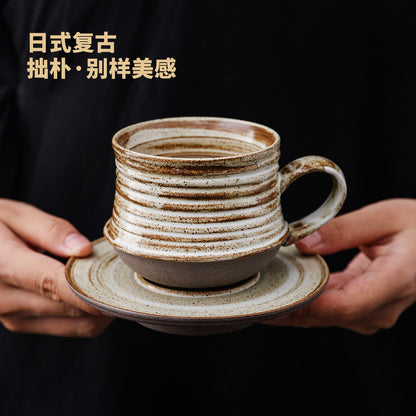 Cross-border retro coarse ceramic coffee cup and saucer set, American style personalized hand-pulled flower mug, household tea cup wholesale.