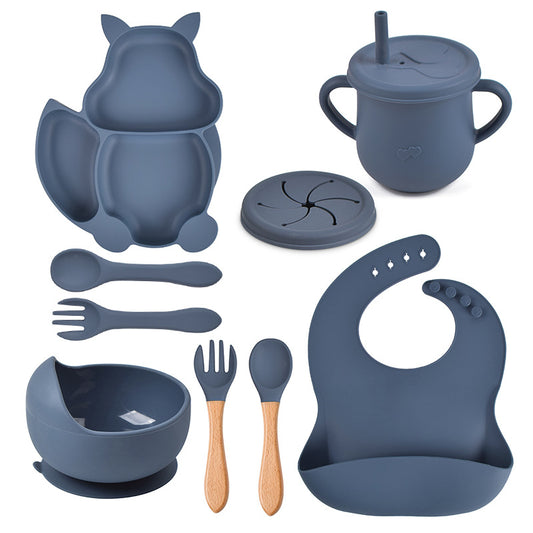 9-piece children's squirrel-shaped silicone tableware set, baby silicone food supplement set, children's silicone dinner plate