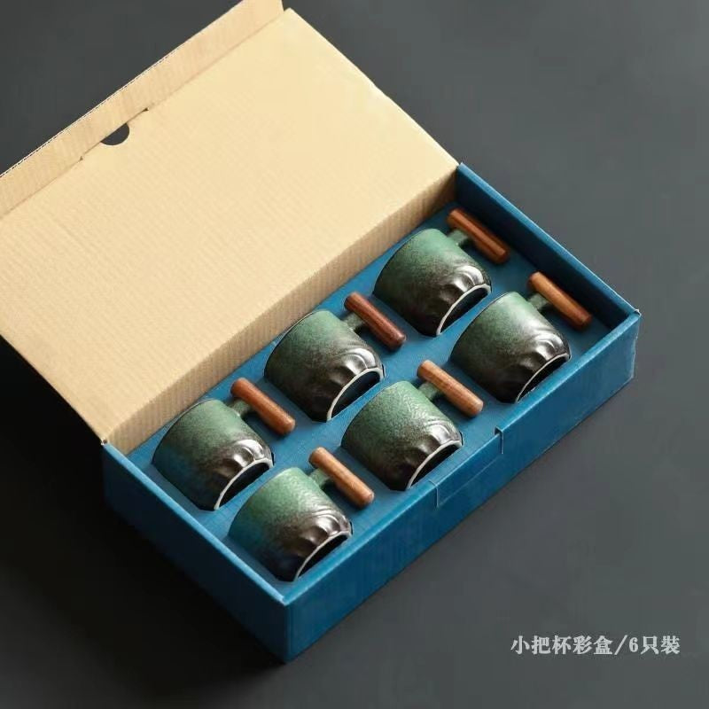 Wooden-handled coffee mug/tea tasting cup, gradient glaze exquisite ceramic small cup gift set wholesale.