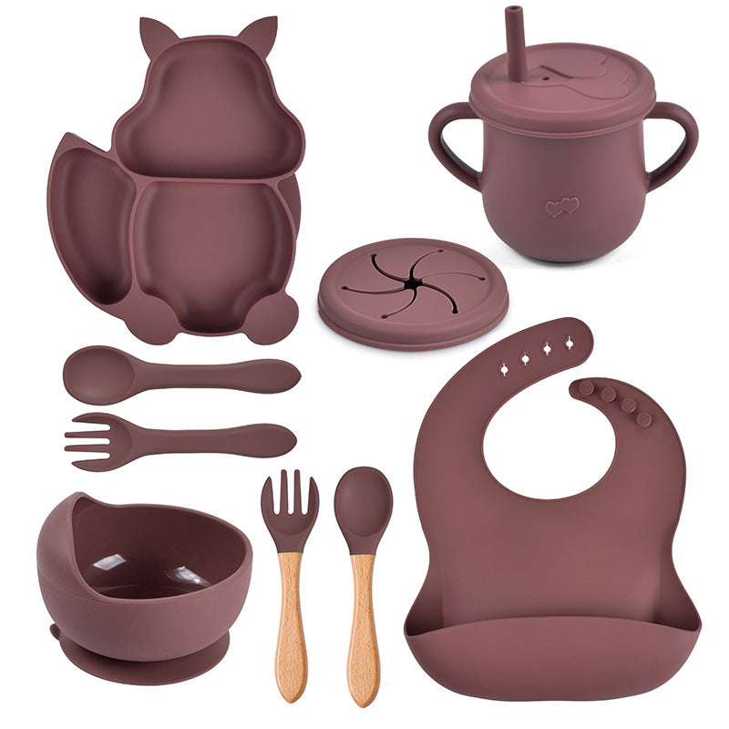 9-piece children's squirrel-shaped silicone tableware set, baby silicone food supplement set, children's silicone dinner plate