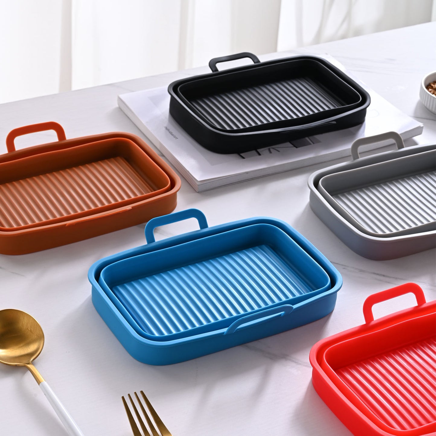 Rectangular air fryer baking tray Ninja DZ201410 double pull basket foldable silicone fryer tray