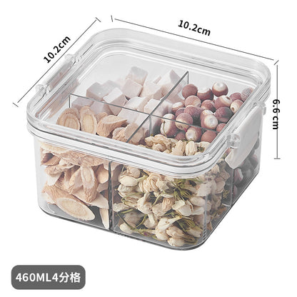 Square flower tea packaging box, 460ml, four-compartment plastic airtight container, food-grade storage box.