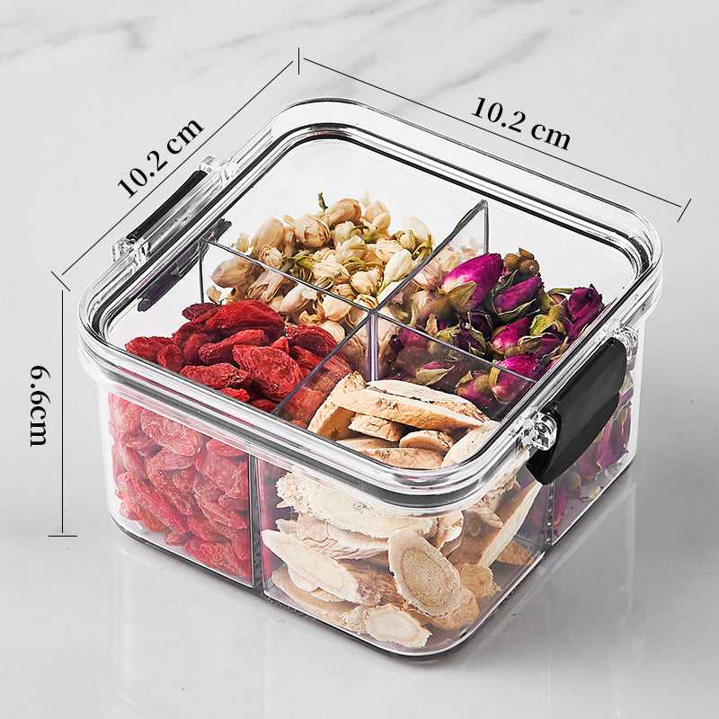 Square flower tea packaging box, 460ml, four-compartment plastic airtight container, food-grade storage box.