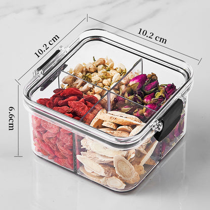 Square flower tea packaging box, 460ml, four-compartment plastic airtight container, food-grade storage box.