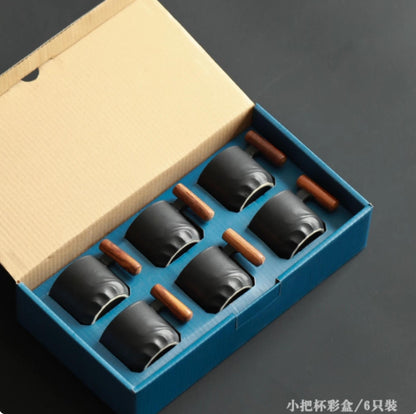 Wooden-handled coffee mug/tea tasting cup, gradient glaze exquisite ceramic small cup gift set wholesale.