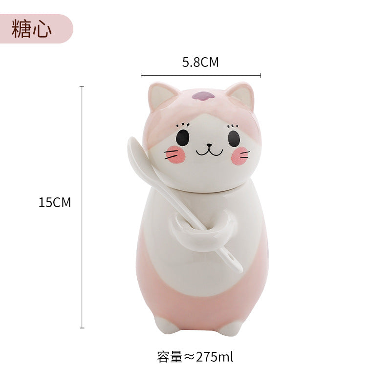 Couple mugs, Japanese cartoon cute cat water cups, ceramic cups for breakfast, milk, coffee, Instagram style, mugs with lids.