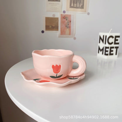 Creative hand-kneaded high temperature resistant ceramic cup ins Korean style small fresh mug breakfast cup milk cup coffee cup saucer