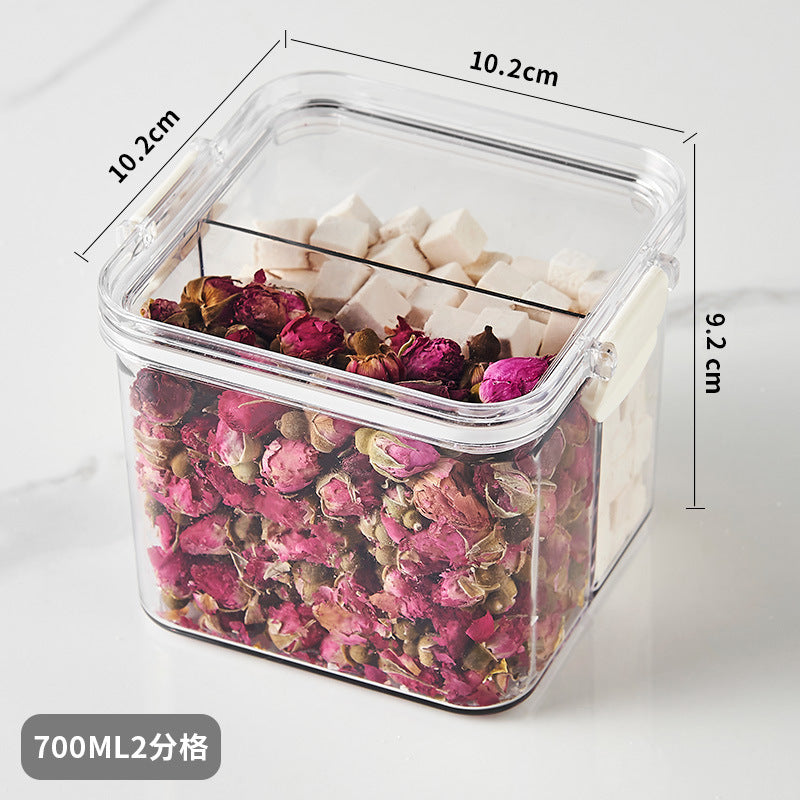 Square flower tea packaging box, 460ml, four-compartment plastic airtight container, food-grade storage box.