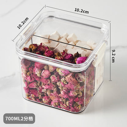 Square flower tea packaging box, 460ml, four-compartment plastic airtight container, food-grade storage box.