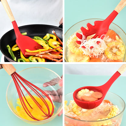 Beech handle silicone kitchenware 12-piece set plus storage bucket Yangjiang kitchen tool set cooking spatula ready for sale