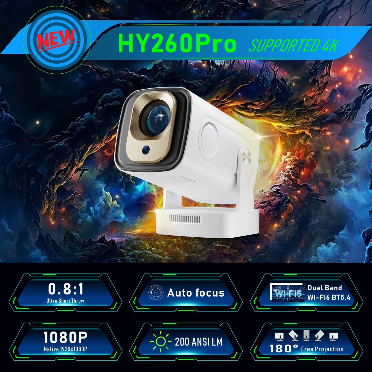New cross-border product HY260Pro projector auto focus 1080P ultra-short HD Home Android projector
