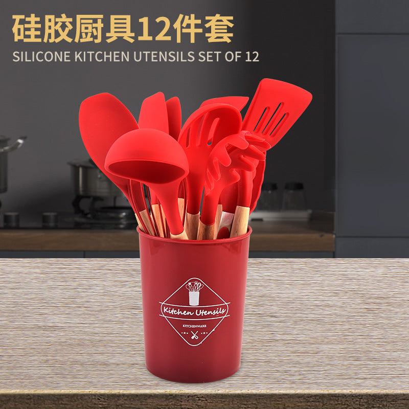 Beech handle silicone kitchenware 12-piece set plus storage bucket Yangjiang kitchen tool set cooking spatula ready for sale