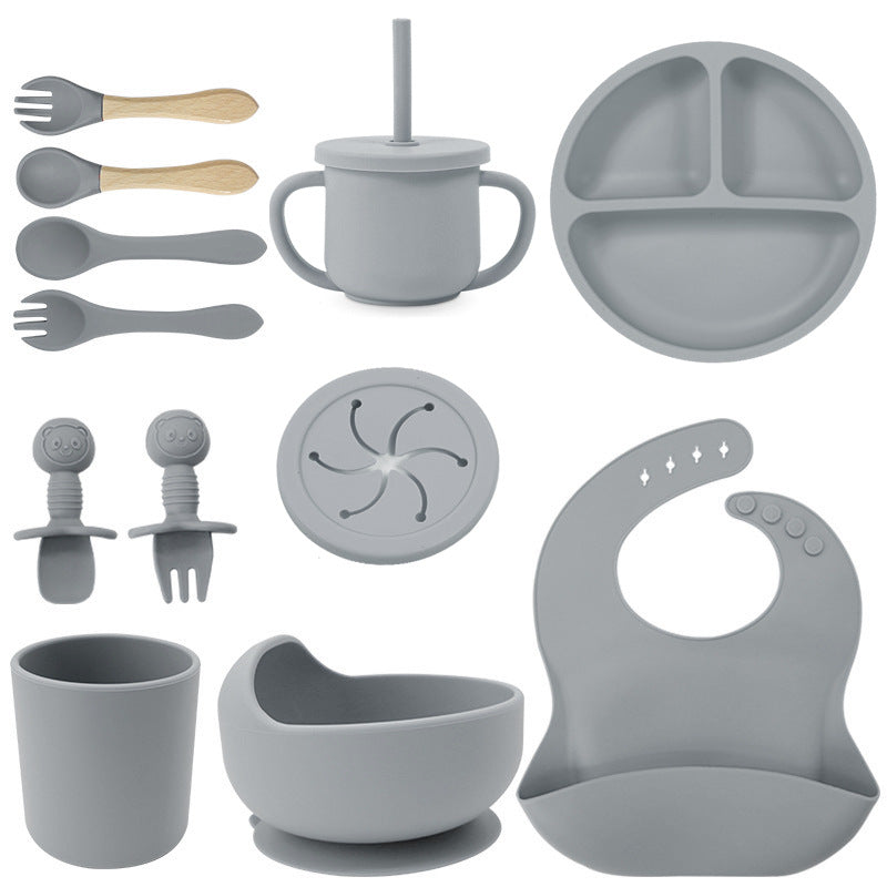 Baby silicone tableware set infant food bowl spoon saliva pocket children's 3-grid silicone dinner plate straw cup