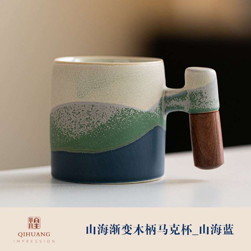 Wooden-handled coffee mug/tea tasting cup, gradient glaze exquisite ceramic small cup gift set wholesale.