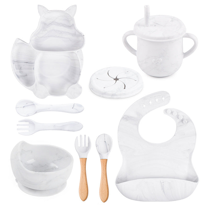 9-piece children's squirrel-shaped silicone tableware set, baby silicone food supplement set, children's silicone dinner plate