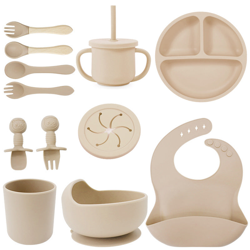 Baby silicone tableware set infant food bowl spoon saliva pocket children's 3-grid silicone dinner plate straw cup