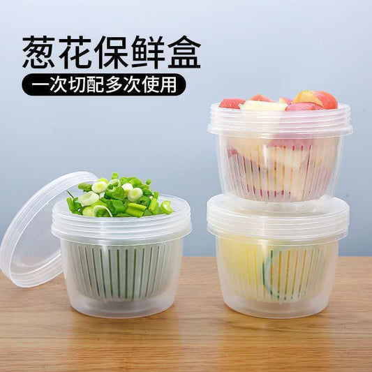 Japanese kitchen scallion fresh-keeping box, onion, ginger and garlic storage box, double-layer drainable refrigerator storage food fresh-keeping box