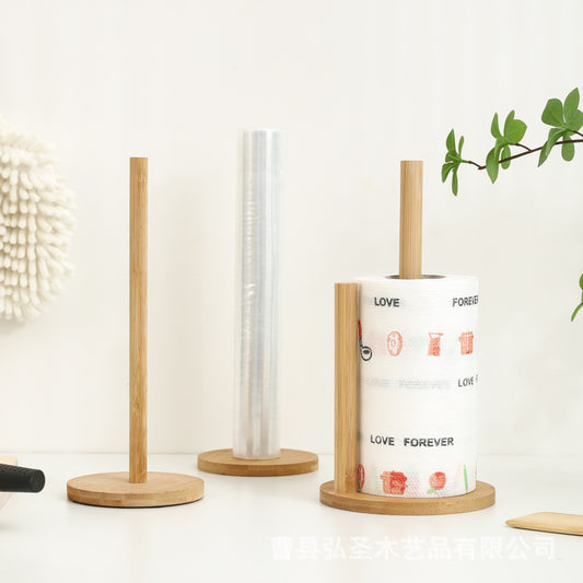 Bamboo tissue holder, kitchen and dining room upright wooden roll paper storage rack, cling film holder, lazy dishcloth holder.