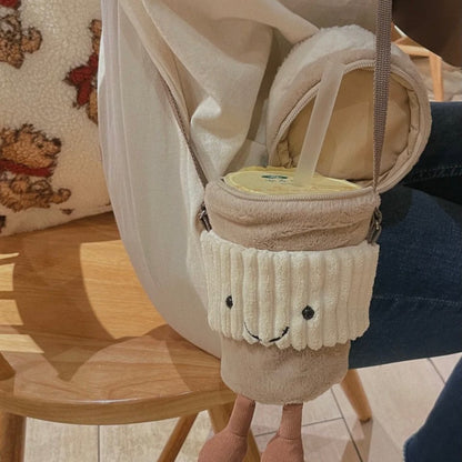 2024 New British Coffee & Milk Tea Bag Crossbody Women's Bag Plush Bag Instagram-worthy Portable Toy Cup Sleeve Bag
