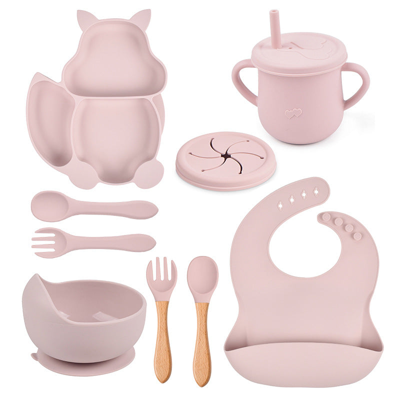 9-piece children's squirrel-shaped silicone tableware set, baby silicone food supplement set, children's silicone dinner plate
