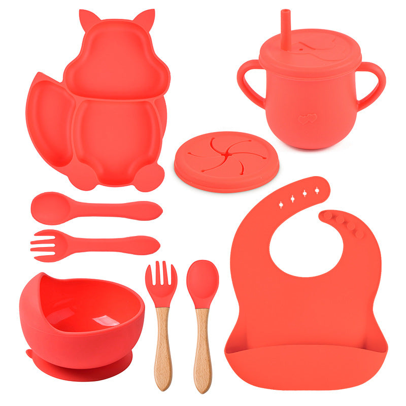 9-piece children's squirrel-shaped silicone tableware set, baby silicone food supplement set, children's silicone dinner plate