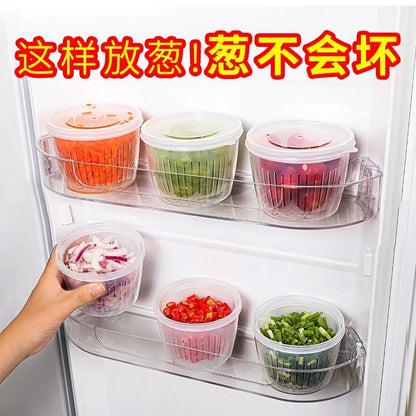 Japanese kitchen scallion fresh-keeping box, onion, ginger and garlic storage box, double-layer drainable refrigerator storage food fresh-keeping box